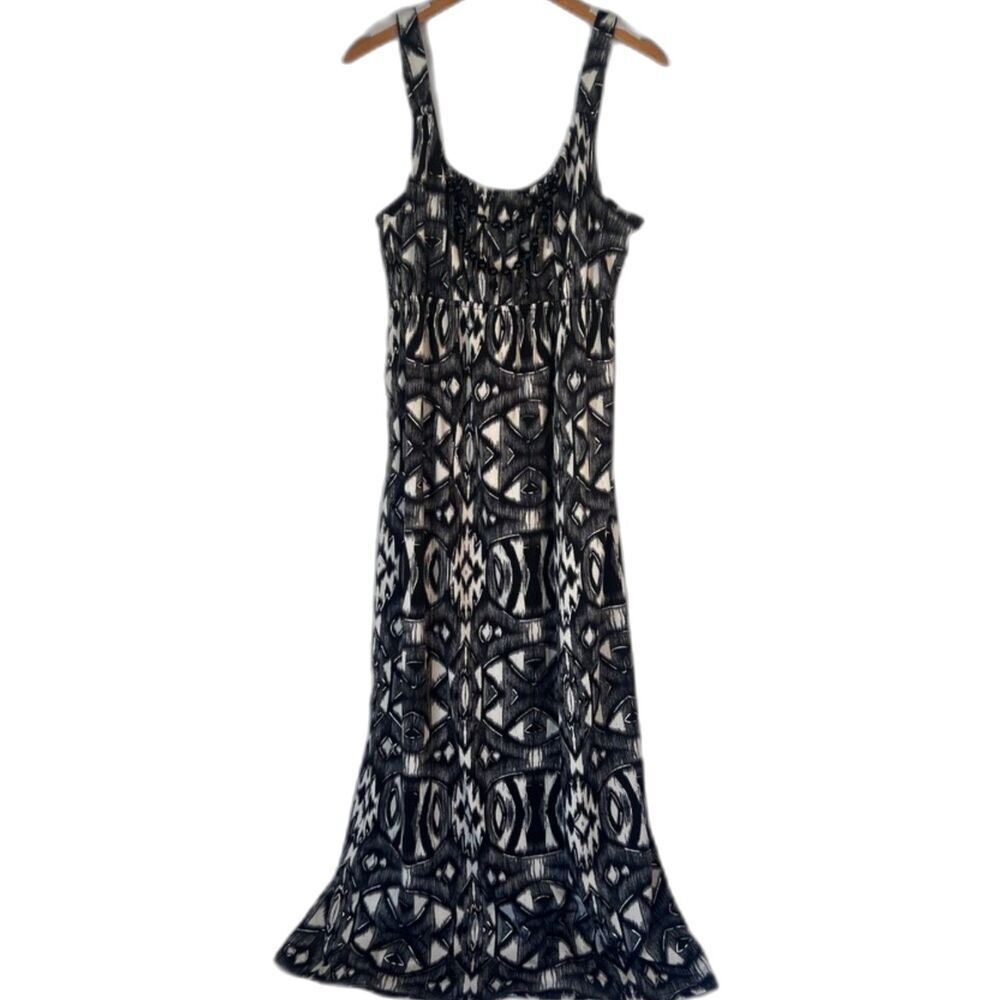 Halo‎ Black & White Print Sleeveless Maxi Dress w/ Beaded Necklace Size Large
